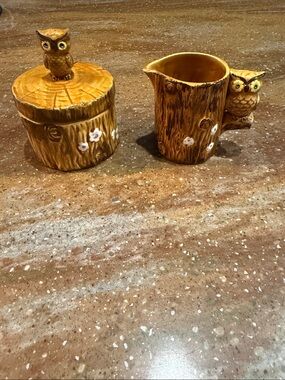 Owl-Handled Ceramic Creamer & Sugar Jar in Golden Brown